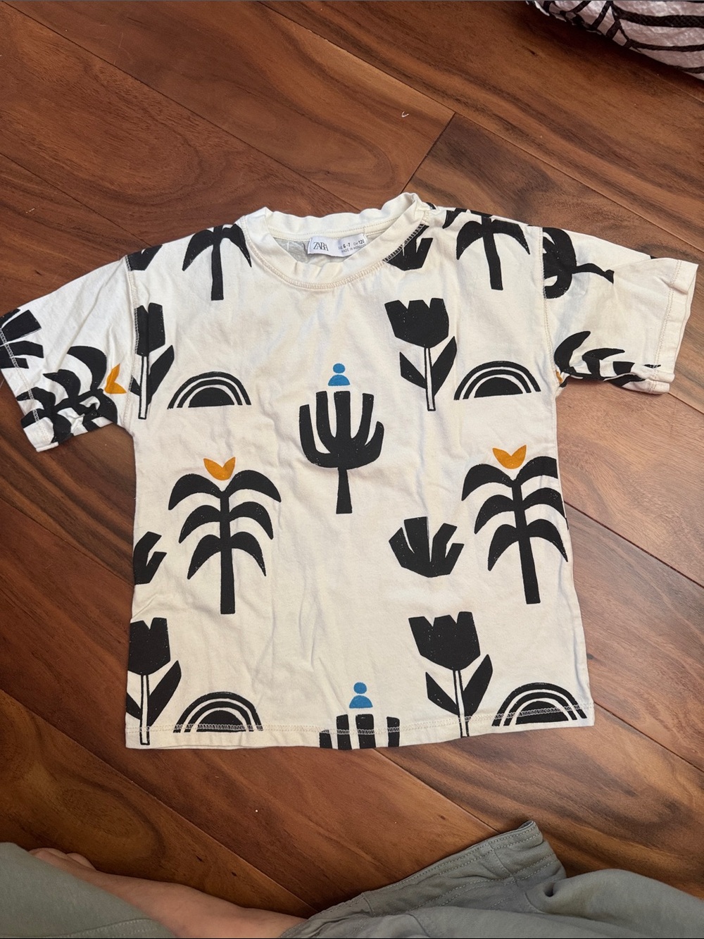 Zara Kids White Graphic Tee with Black & Yellow Floral Print